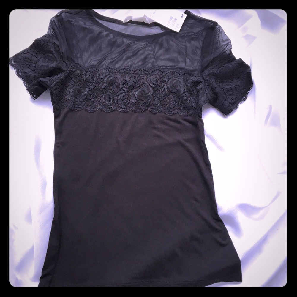 NWT H&M BLACK MESH AND LACE TEE XS